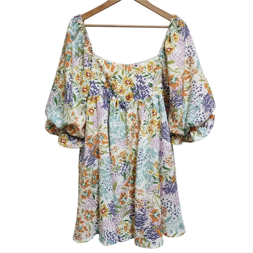 Sweet Lemon Womens Multi Floral Stretch Puff Slv Square Neck Mini Dress Size L